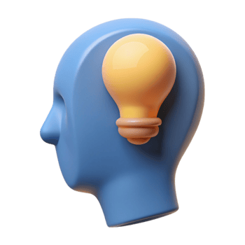 dramatic whimsical art deco Human head silhouette with a lightbulb inside. Crisp edges, flat color, single-weight stroke with Scalable Design. refined png