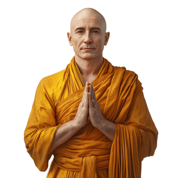 Serene monk in saffron robes expressing respect and peaceful contemplation png