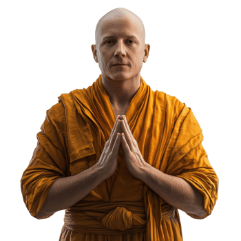 Bald man in saffron robe with hands clasped in a contemplative pose png
