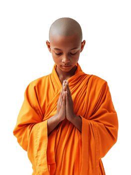Focused young novice monk in saffron robes during a peaceful moment of contemplation png