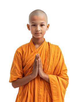 Serene young monk in traditional robes against a stark backdrop radiates peace png