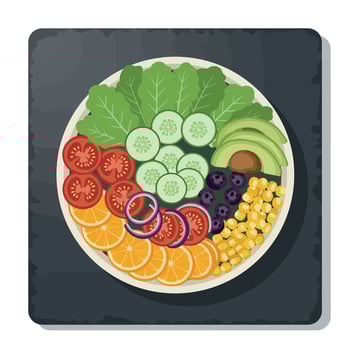 Fresh vegetable salad with avocado tomato cucumber and orange slices flat design illustration vector