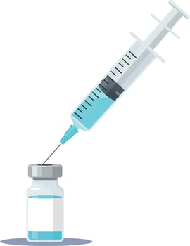 Medical syringe with liquid vaccine drawing from glass vial flat minimal illustration vector