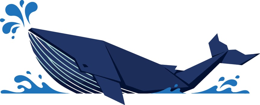 Blue whale spouting water in ocean waves minimal flat design marine animal art vector