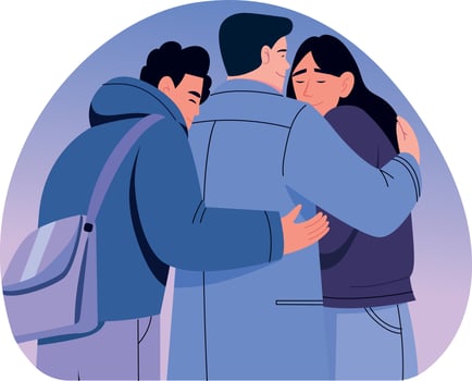 Friends giving group hug, flat style illustration vector
