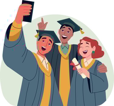 A group of friends taking graduation selfie, flat illustration vector