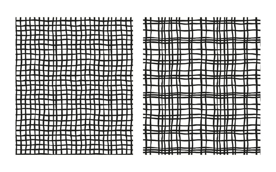 amless hand-drawn checkered pattern with square, mesh, and plaid elements. Black and white geometric background featuring uneven vertical and horizontal doodle-style stripes. vector