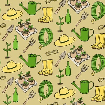 Seamless pattern with gardening tools, plants, and accessories in hand drawn style. Concept of spring gardening, planting and eco-friendly outdoor activity in colorful decorative layout vector