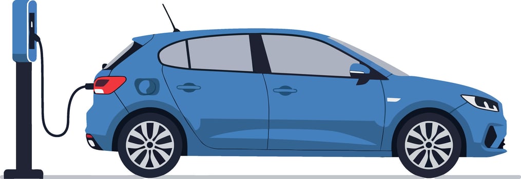 Blue electric car charging at station flat design illustration of modern vehicle recharging energy vector