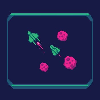 Two green pixel art spaceships flying around pink asteroids in dark blue space flat illustration vector