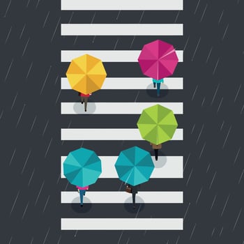 Top view of five people crossing street with colorful umbrellas in rain flat design illustration vector