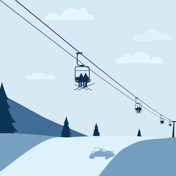Skiers riding chairlift over snowy mountain slope in minimal flat design illustration vector