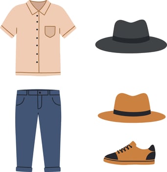 Casual summer outfit with shirt pants hats and sneakers flat minimal illustration vector