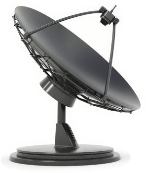 A large, black satellite dish, stationary, and ready to receive signals. png