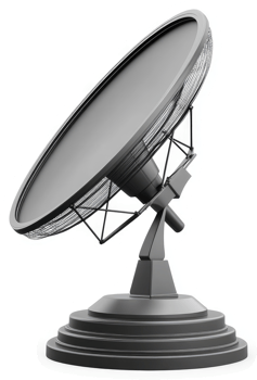 Gray satellite dish with intricate support structure. png