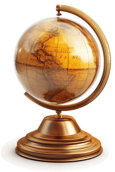 Ornate antique-style globe on a brass stand. png