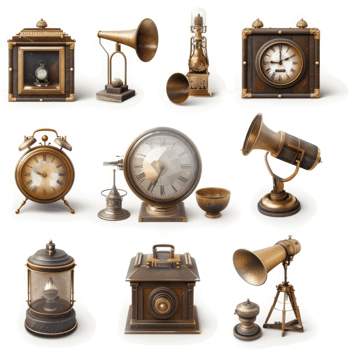 Collection of antique brass or bronze decorative timepieces and communication devices. png