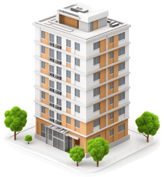Modern multi-story apartment building illustration. png