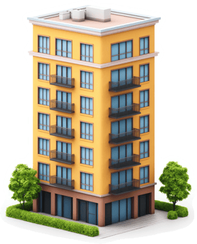 Urban multi-story apartment building illustration. png