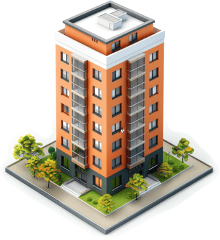 Elevated perspective of a multi-story apartment building. png