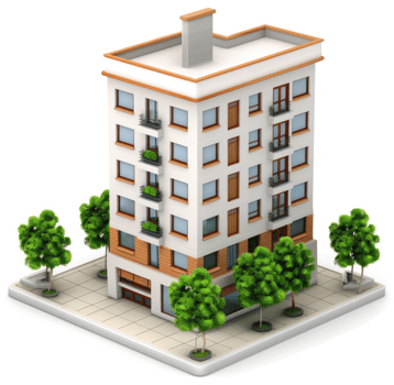 Urban apartment building facade with landscaping. png