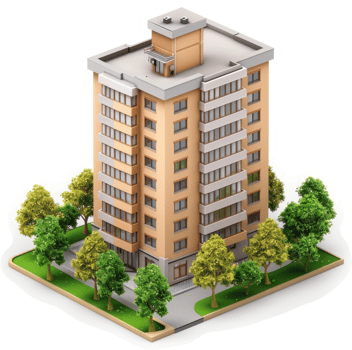 Urban residential high rise building with landscaping. png