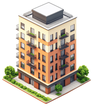 Multi-story apartment building with balconies and landscaping. png