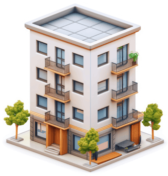 Modern multi-story apartment building with exterior details. png