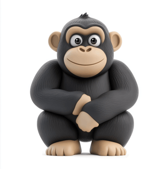 Smiling chimpanzee character against a white background. png