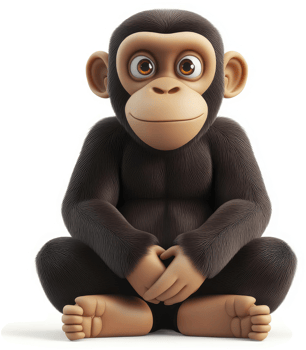Smiling cartoon chimpanzee character, sitting. png