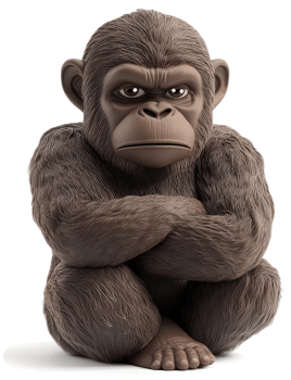 Frowning chimpanzee figurine, a seated pose. png