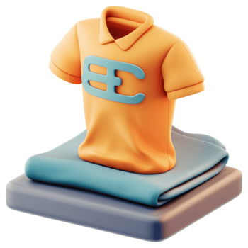 3D rendered image of an orange polo shirt atop folded teal fabric. png