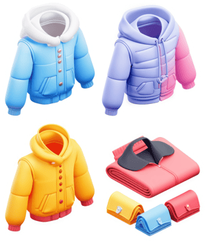 Four colorful puffer jackets and a folded garment displayed. png