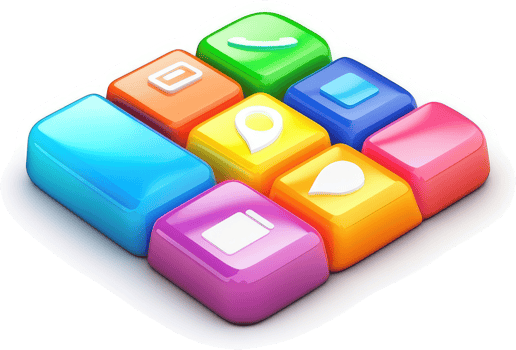 Colorful, geometric keyboard keys represent various application icons. png