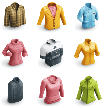 Colorful variety of garments displayed in a graphic design. png