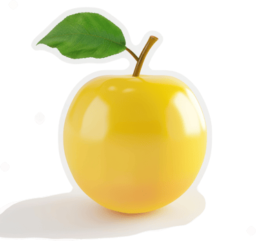 Vibrant yellow apple with green leaf against black backdrop. png