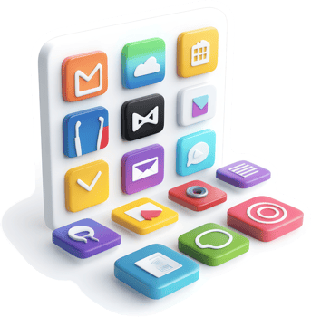 Colorful app icons arranged in a 3D grid design. png