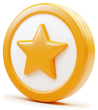 A 3d rendered, orange star icon on a coin-like badge. png