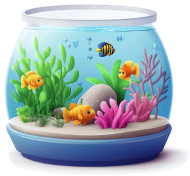 Round aquarium filled with colorful fish and aquatic plants. png