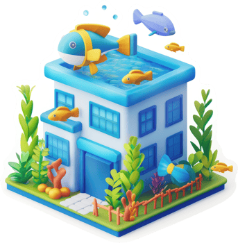 Colorful aquarium house with fish and plants. png
