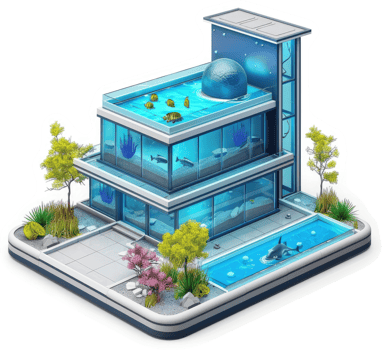 Modern aquarium building with multiple tanks and outdoor exhibits. png