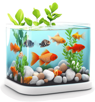 Colorful fish swimming in a small, rectangular aquarium. png