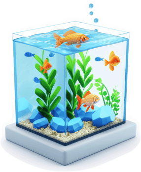 Cubic aquarium with goldfish and aquatic plants. png
