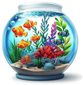 Colorful fish populate a round aquarium. png