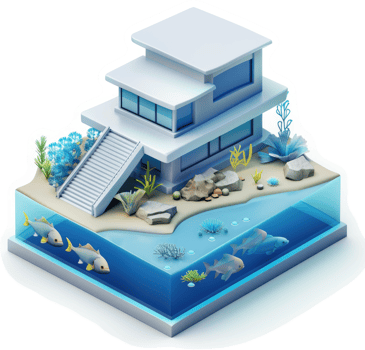 Underwater house nestled within an aquatic landscape. png