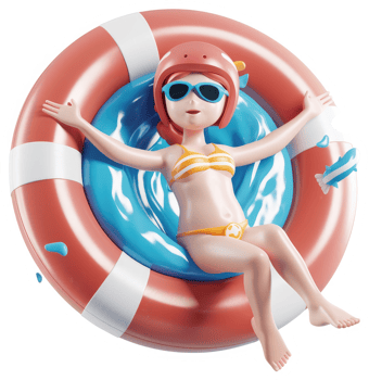 Smiling girl floats in a bright orange and white life preserver. png