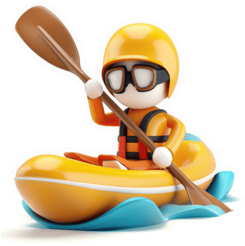 Animated figure kayaks on a body of water. png