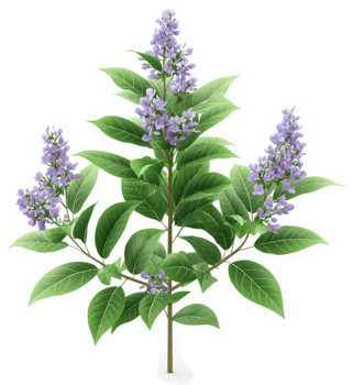 Lush lilac bush displays vibrant blossoms and foliage. png