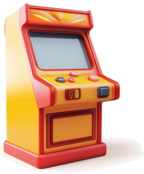 Retro arcade game machine with vibrant orange and red hues. png