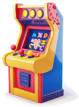 Retro arcade game cabinet, vibrant and colorful. png